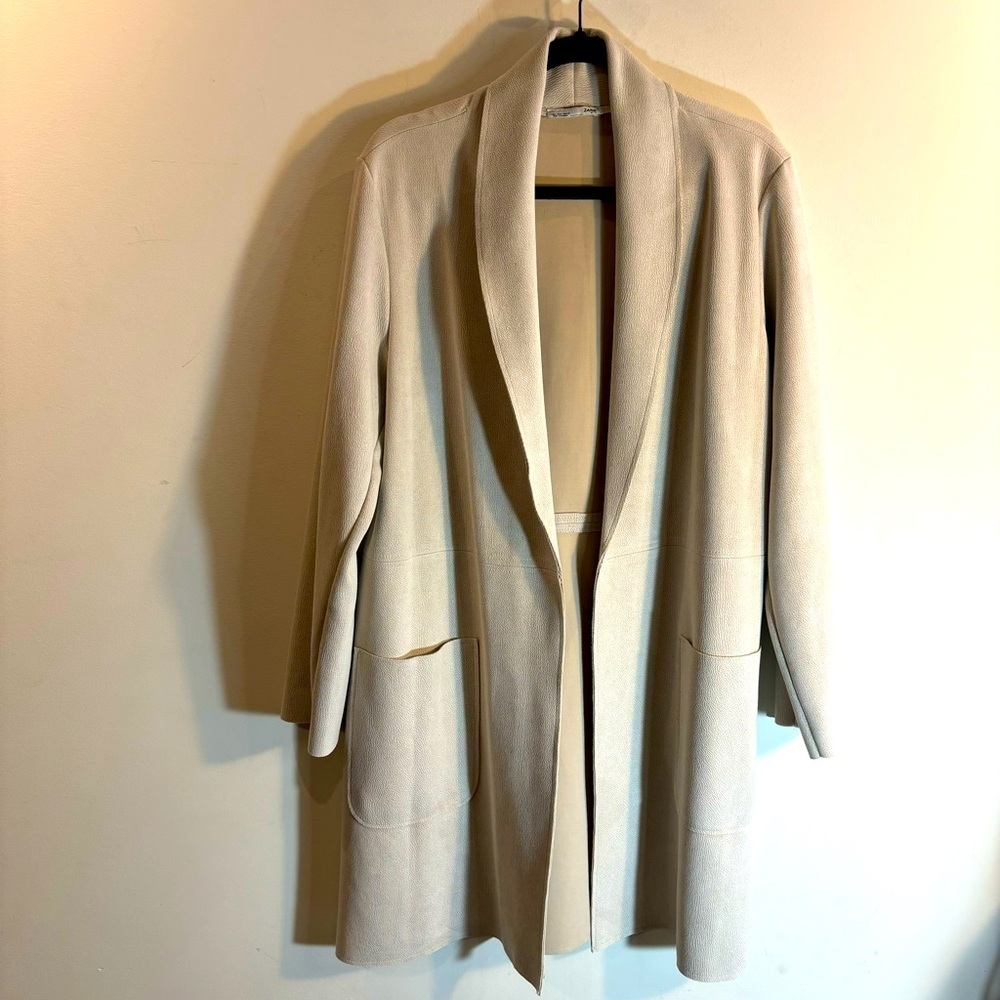 ZARA Sz XL Duster Cardigan Patch Pockets Textured Fabric Turned Collar Unlined